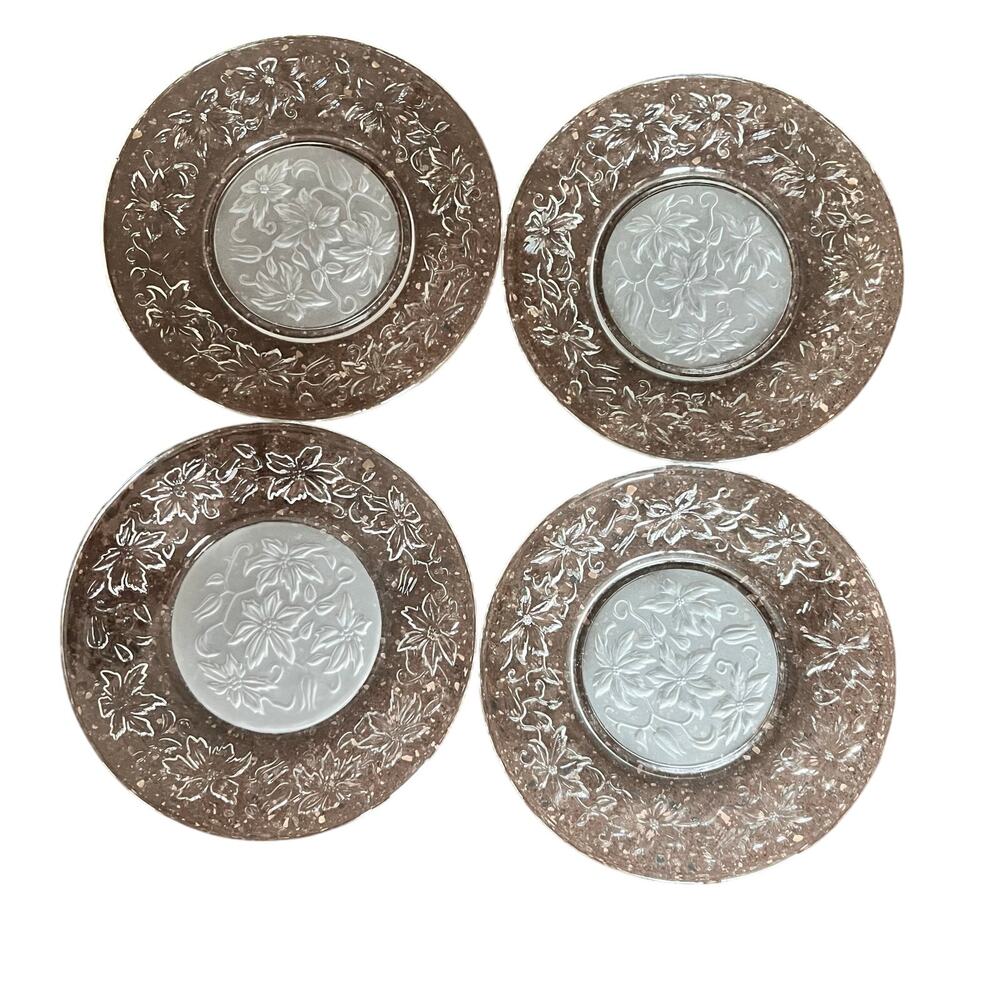 Princess House Poinsettia Flower Fantasia 8" Plates Set of 4 Clear Floral Etch